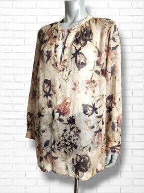 Lauren Ralph Lauren Neutral Tan Tones Floral Sheer Tunic Popover Blouse Size 2X